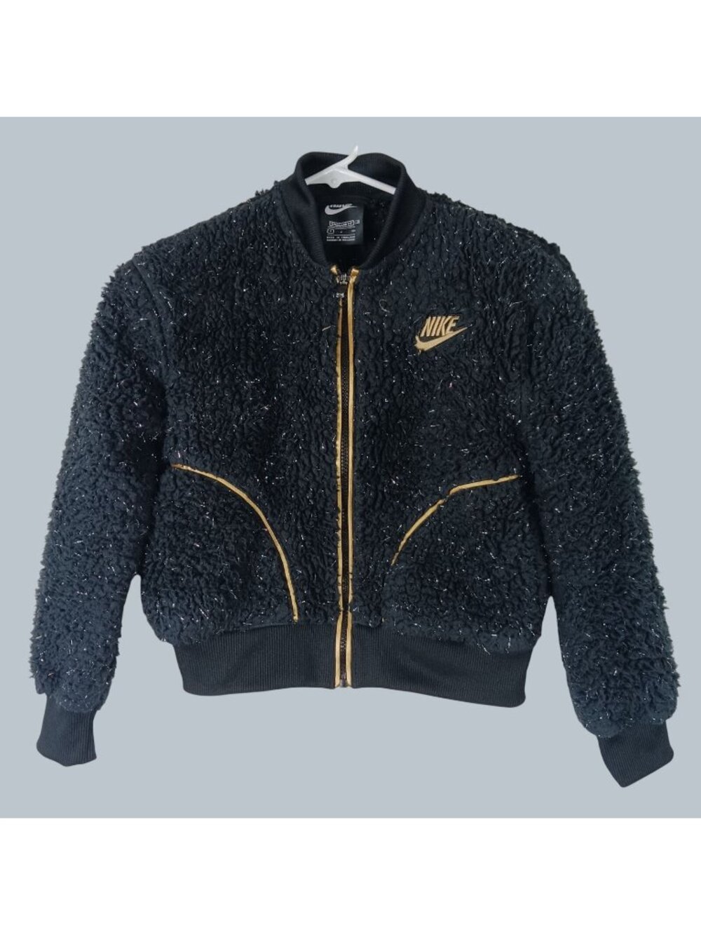 Nike Sherpa Metallic Sparkle Full Zip Jacket Girls Small Black Travel School